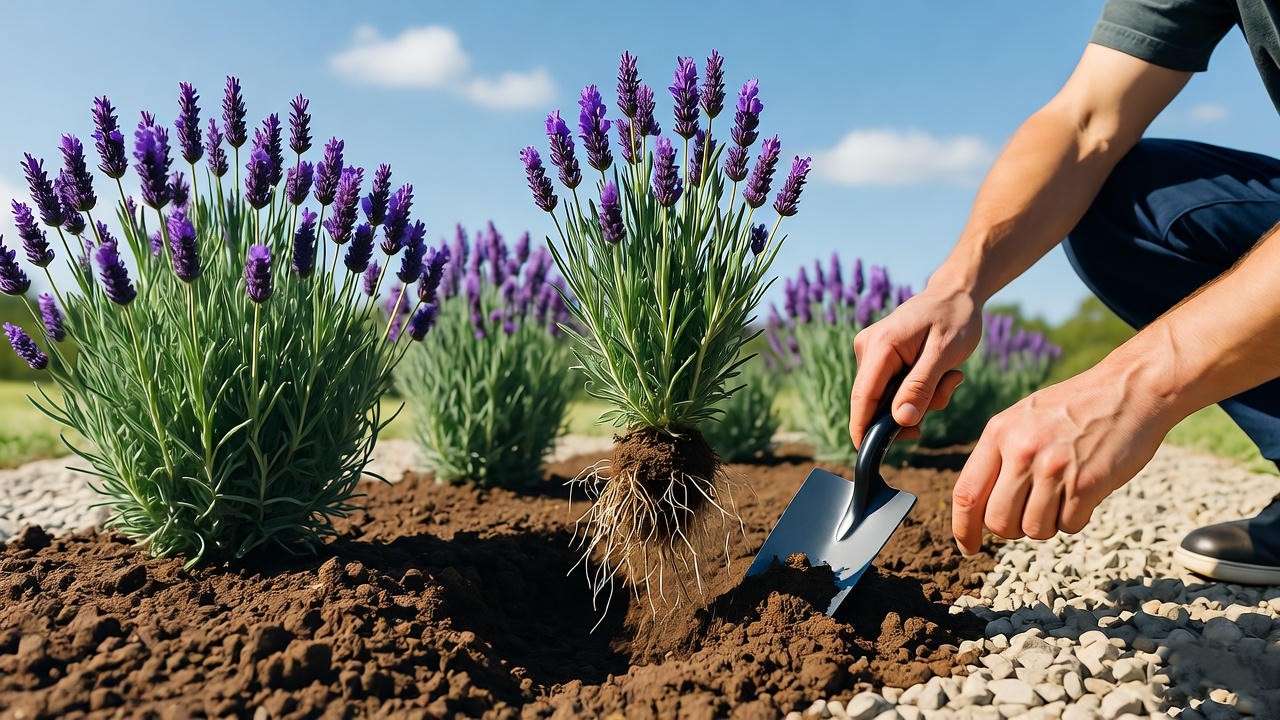  "Gardener planting lavender hedge plants with trowel and gravel mulch in a sunny garden bed." 