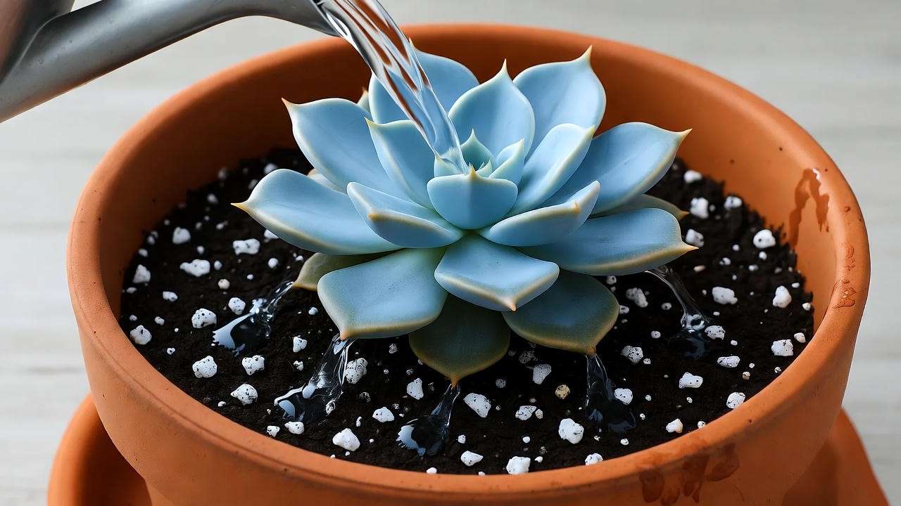 "Blue succulent watering with soak and dry method in well-draining soil."