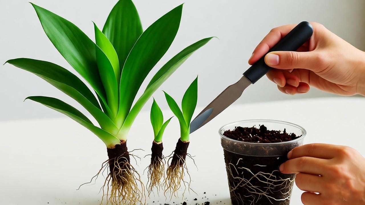 "Step-by-step division propagation of a bird's nest snake plant with clean tools and soil".