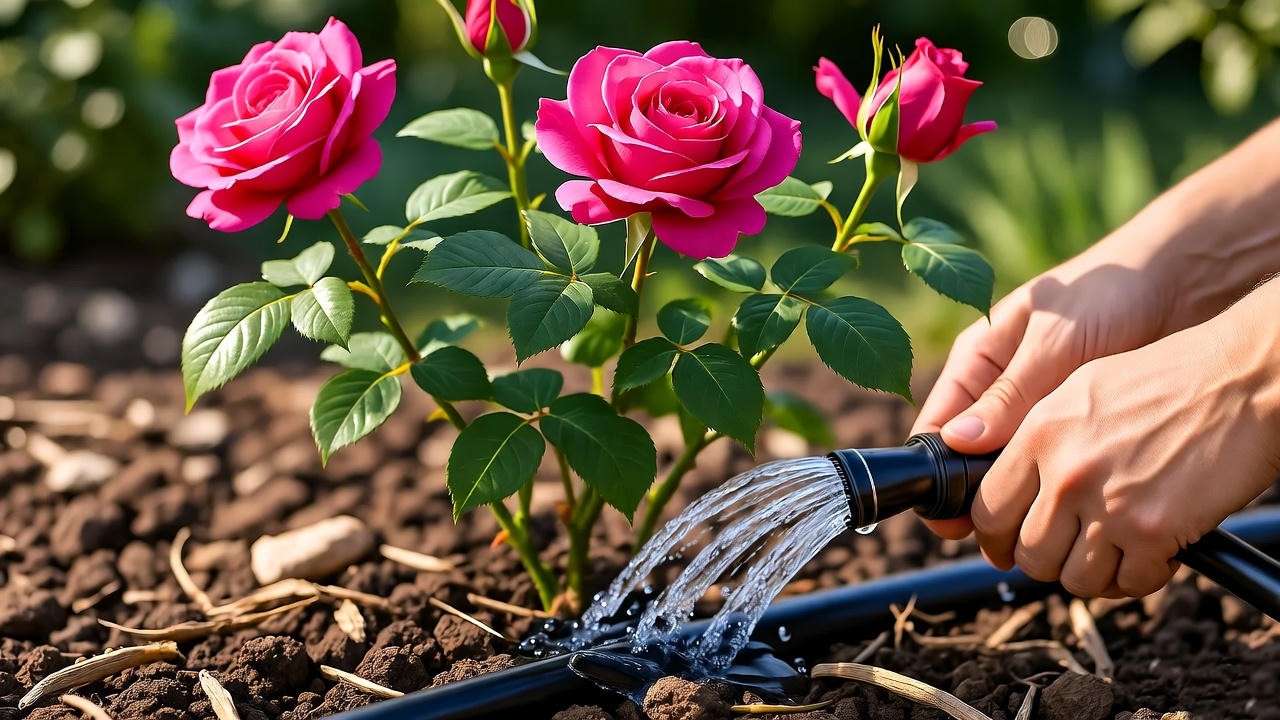 "Queen Elizabeth rose plant being watered with drip irrigation in well-drained loamy soil and mulch."