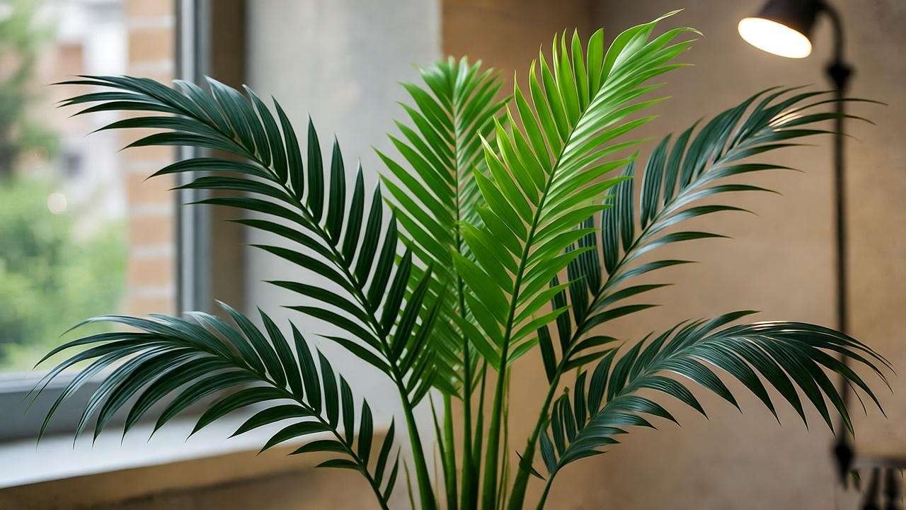 "Cardboard palm plant thriving in bright indirect light near a window with grow light"