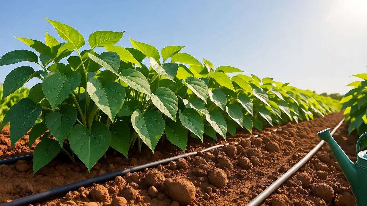  Thriving sweet potato garden with lush sweet potato plant leaves under sunlight, featuring loamy soil and drip irrigation.