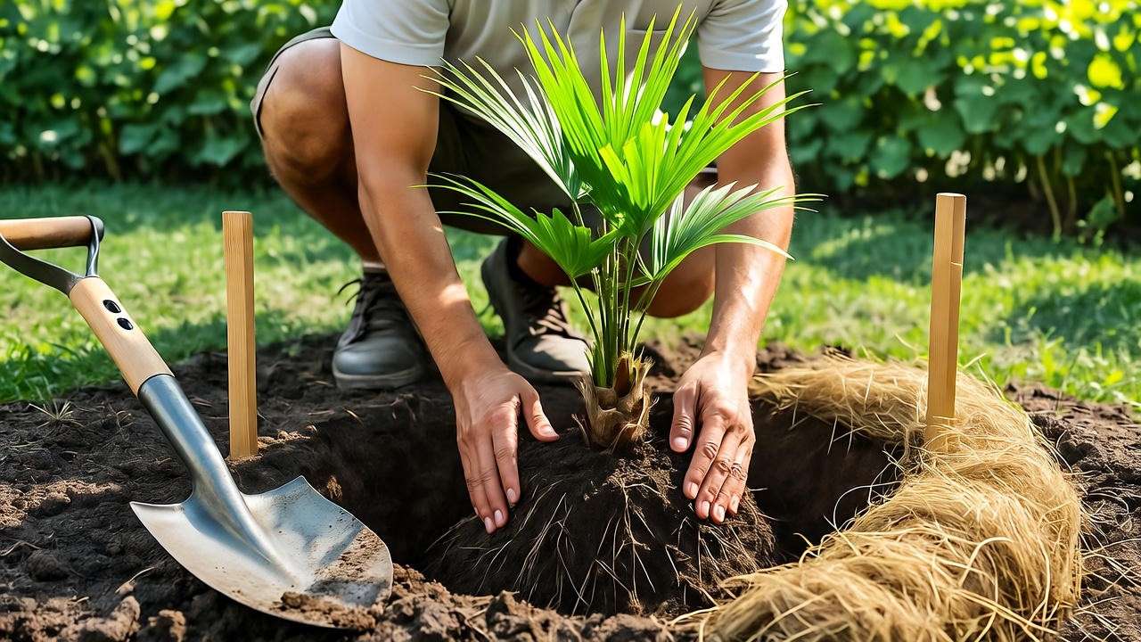 "Gardener planting a young king palm with mulch and stakes in sunny soil". 