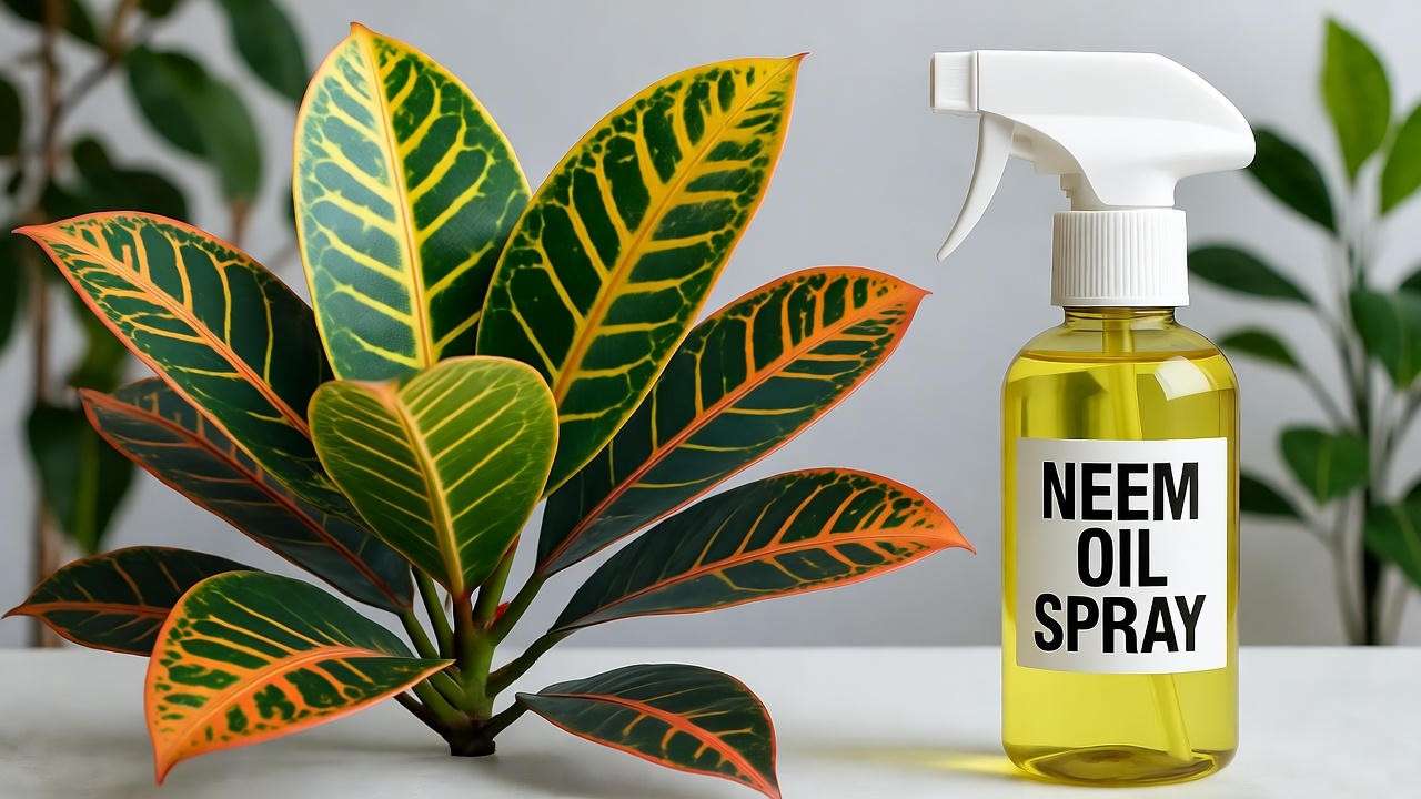  "Banana croton plant with pest damage and neem oil spray bottle for treatment." 