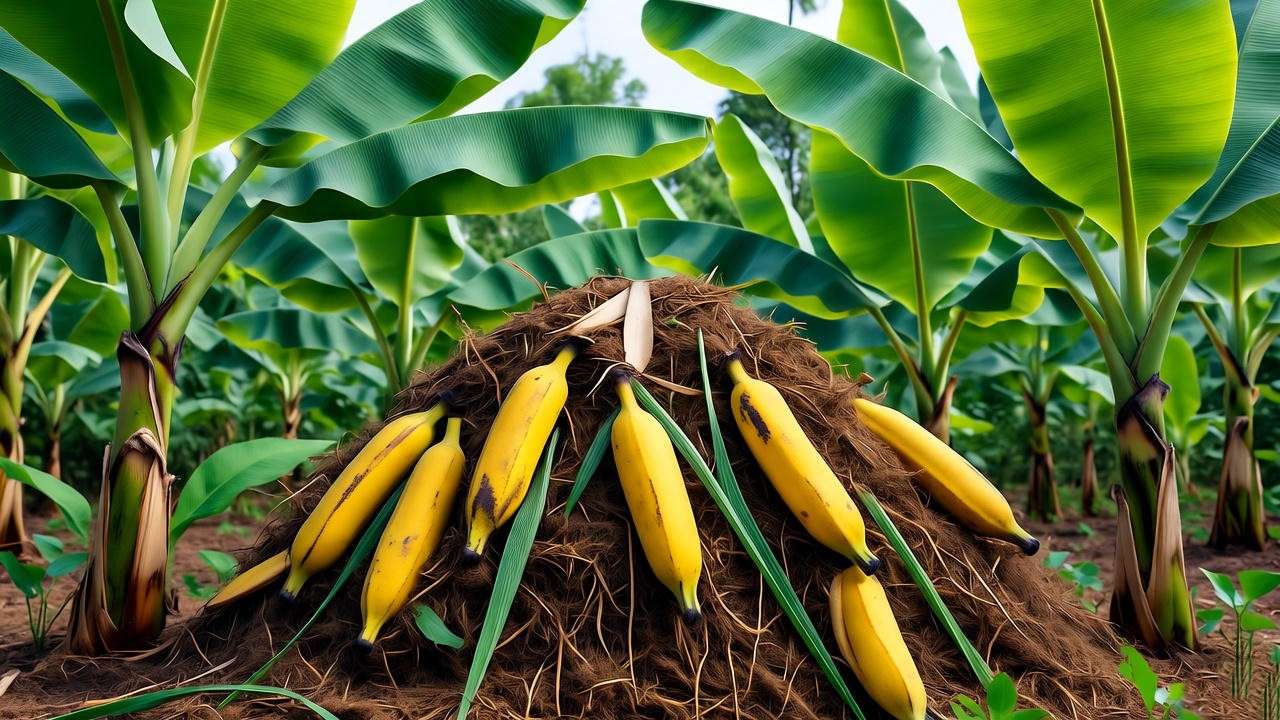 "Compost pile with banana peels and clippings near thriving banana plants." 