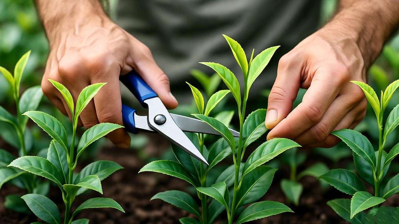  "Gardener pruning healthy tea plant seedlings with shears for bushy growth." 