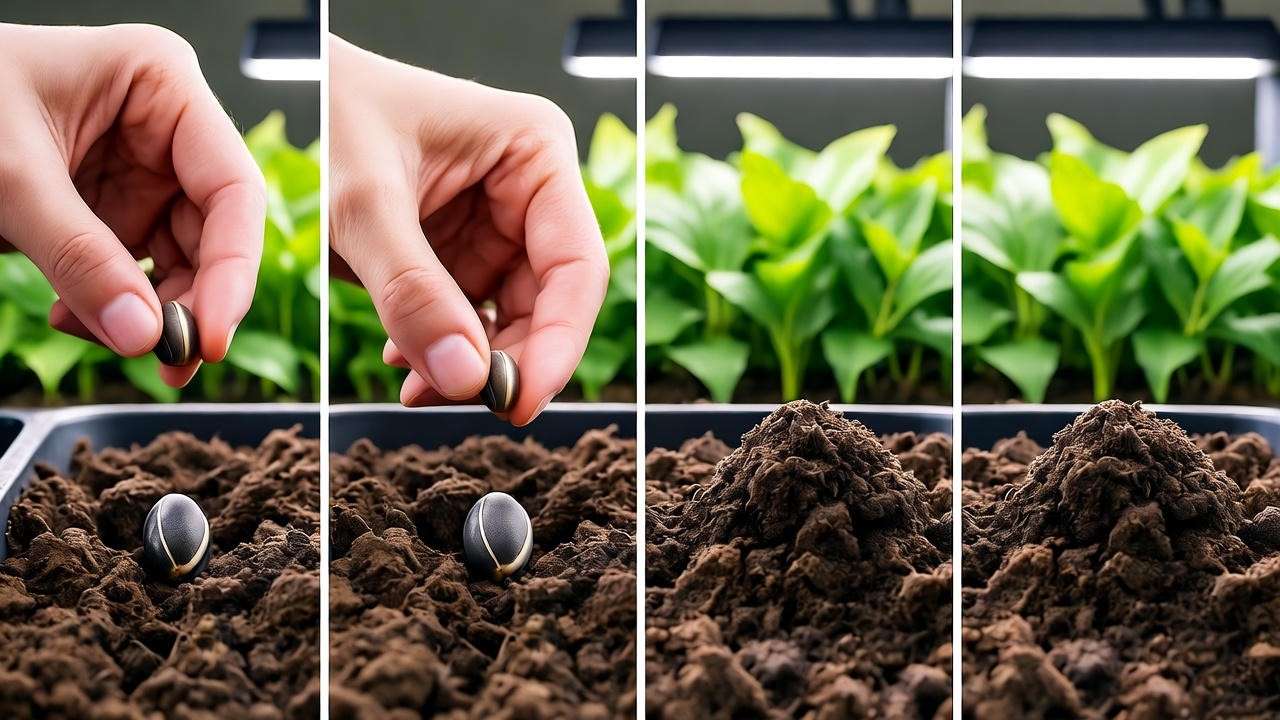  "Hands sowing penta plant seeds into a soil tray under grow lights in a bright indoor setup." 