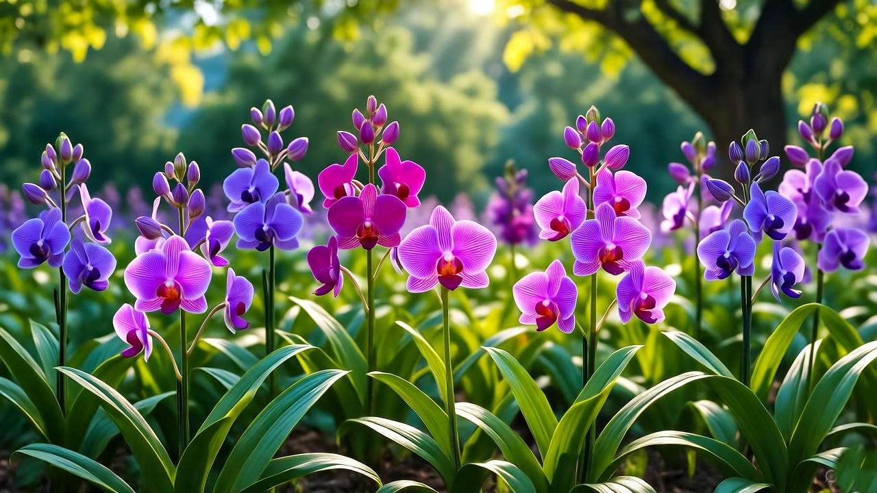 "Ground orchids blooming in partial shade under a tree with bright indirect light". 