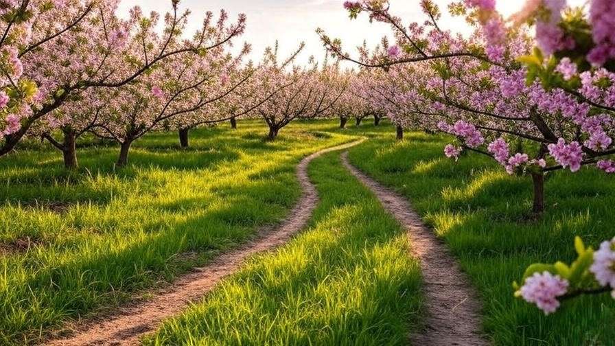 Diverse cherry orchard with blooming trees and green grass"
