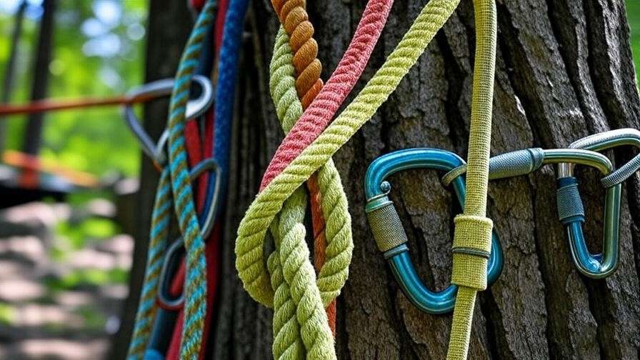Close-up of a durable tree climbing rope with double-braid construction and climbing equipment on tree bark. 