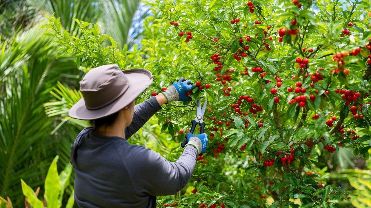 "Gardener pruning a Barbados Acerola cherry tree with ripe cherries in the background" 