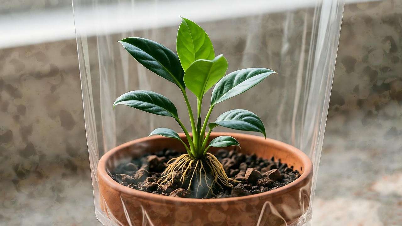 "Black goldfish plant cutting in pot with roots under plastic bag". 
