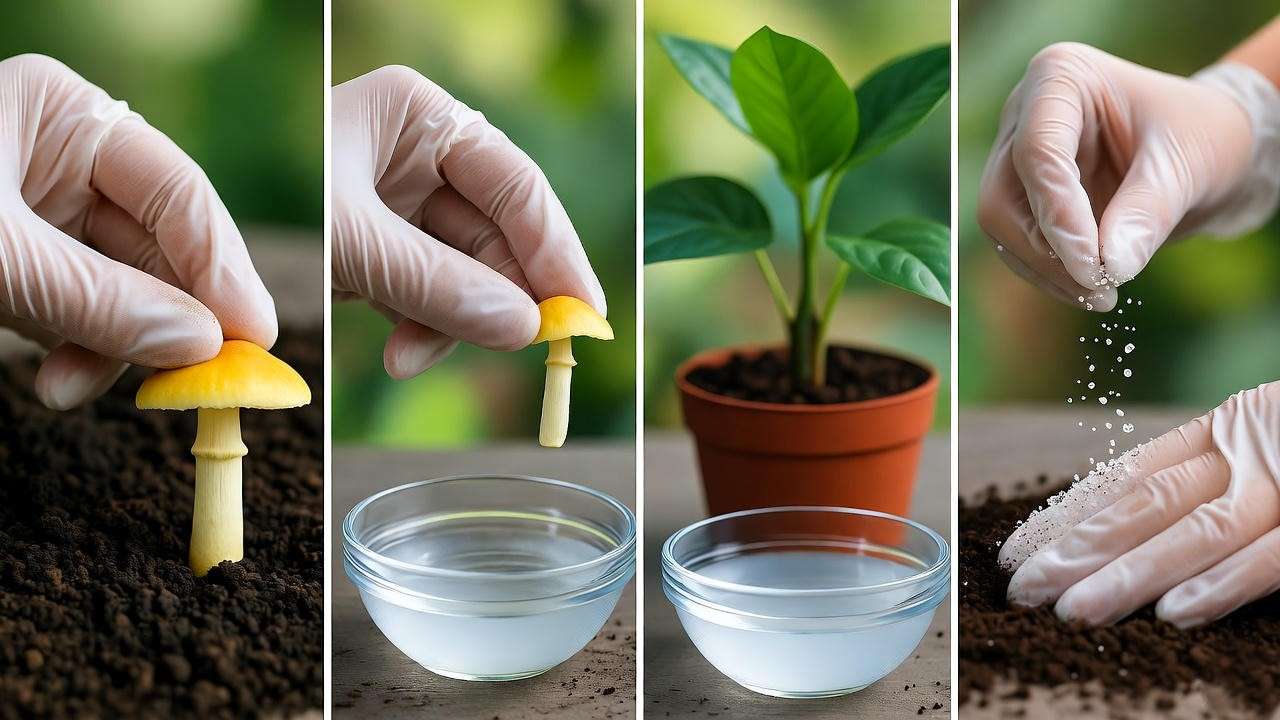  Gloved hand removing mushrooms from plant soil with hydrogen peroxide and sterile mix nearby. 