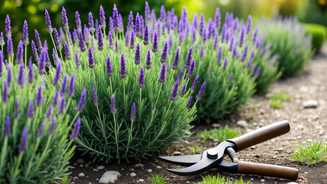 "Neatly pruned lavender hedge with shears and gravel border in a formal garden." 