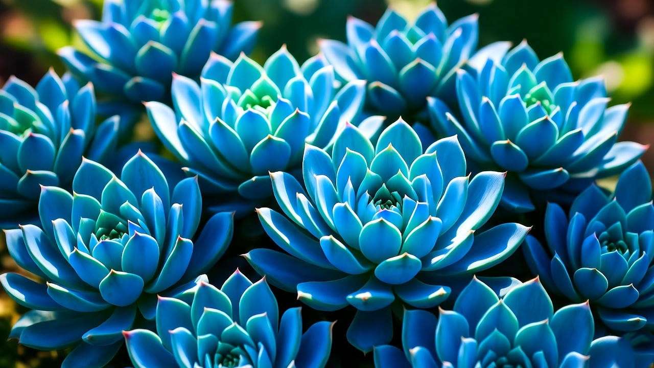 "Vibrant blue succulents with glaucous coating in outdoor sunlight."