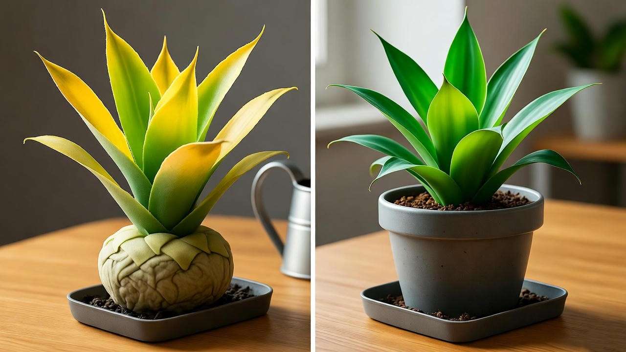 "Comparison of overwatered and healthy bird's nest snake plant in a home office".
