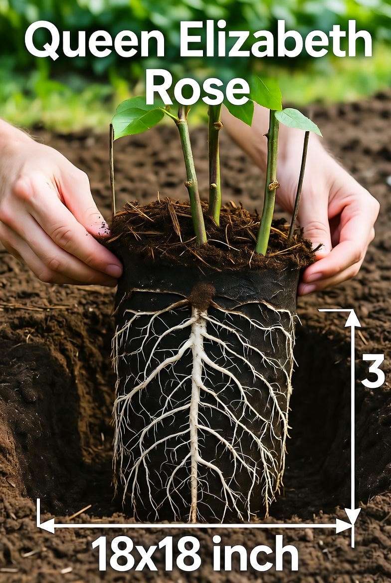 Step-by-step planting of Queen Elizabeth rose with bare-root spread and mulch in a garden.