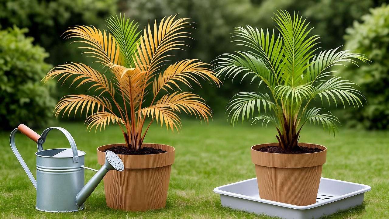 "Comparison of healthy and overwatered cardboard palm plants with watering can"