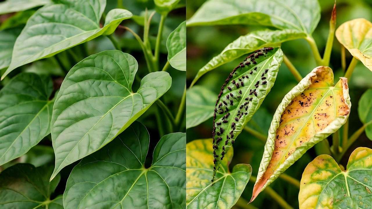 Split-view of sweet potato plant leaves showing healthy green leaves versus yellowing and wilting leaves with pest damage. 