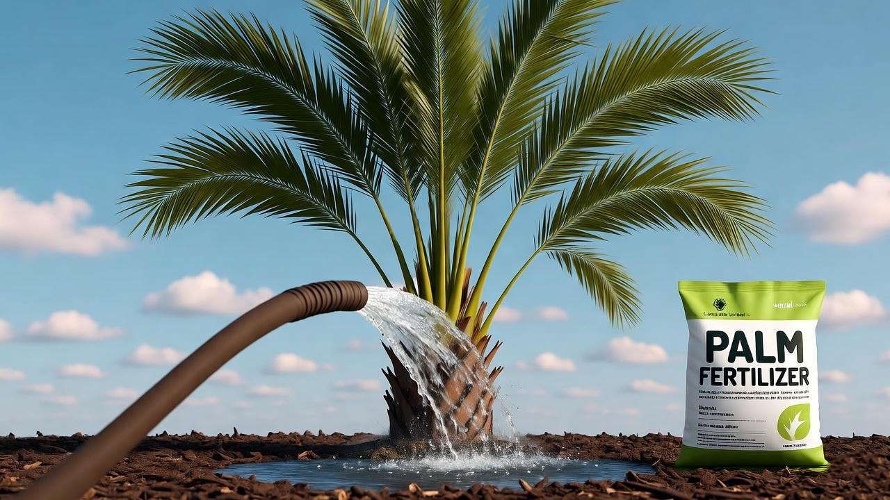 "Watering a thriving king palm with fertilizer and mulch in a tropical setting"