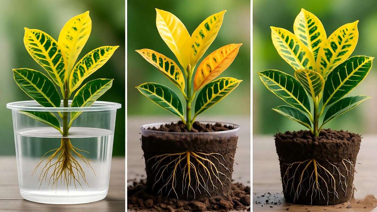 "Banana croton stem cutting propagation with roots in water and newly potted plant.