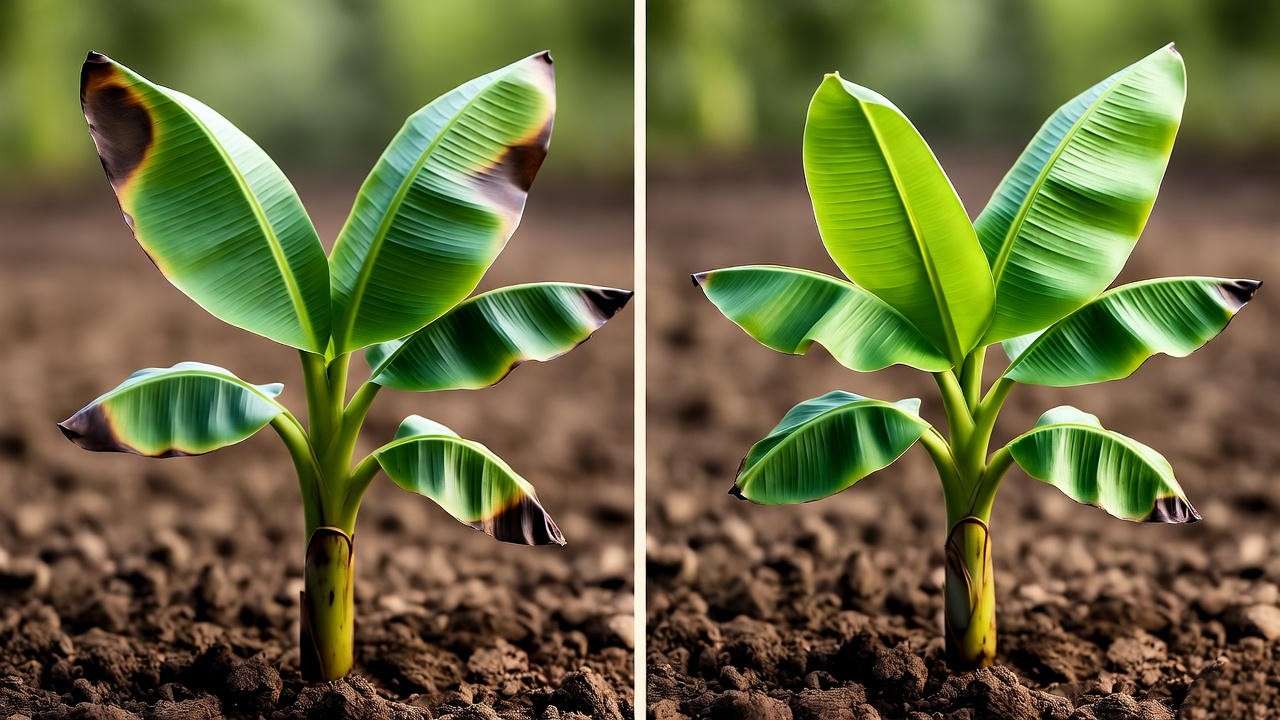 "Banana plant with burnt leaves from over-fertilization next to a healthy plant