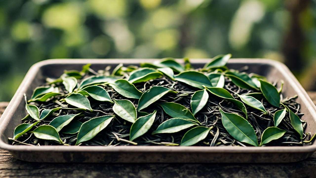 Freshly harvested tea leaves from Camellia sinensis laid out for withering."