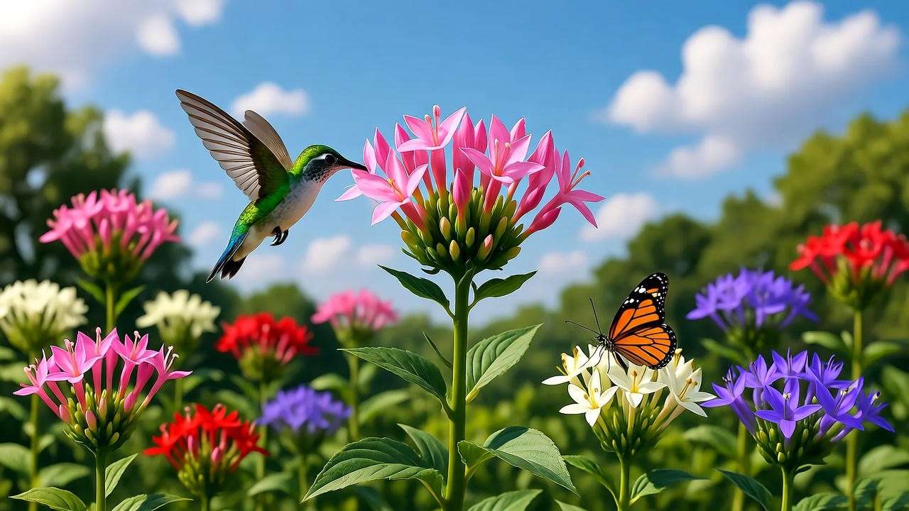 "Vibrant garden with blooming penta plants in various colors, hummingbird, and butterfly under a blue sky." 