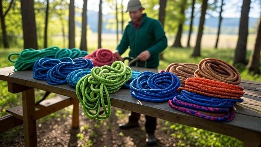  Display of top tree climbing ropes like Yale Blue Moon and Teufelberger Tachyon with an arborist inspecting them in a forest. 
