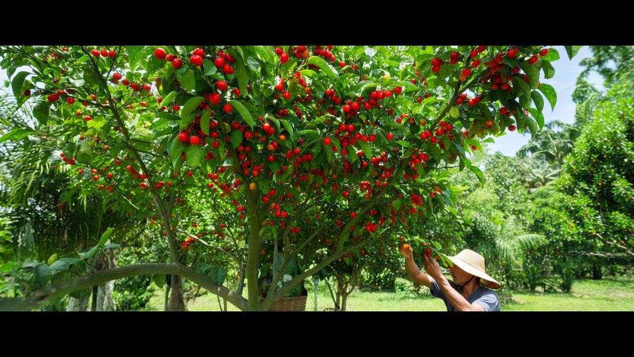 "Hand harvesting Barbados Acerola cherries with a basket in a tropical garden" 