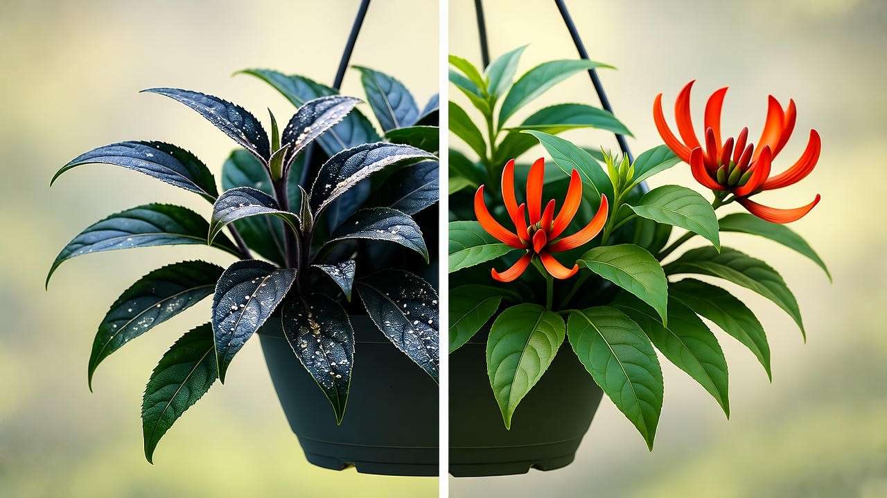  "Black goldfish plant with spider mites vs. healthy plant after neem oil treatment". 