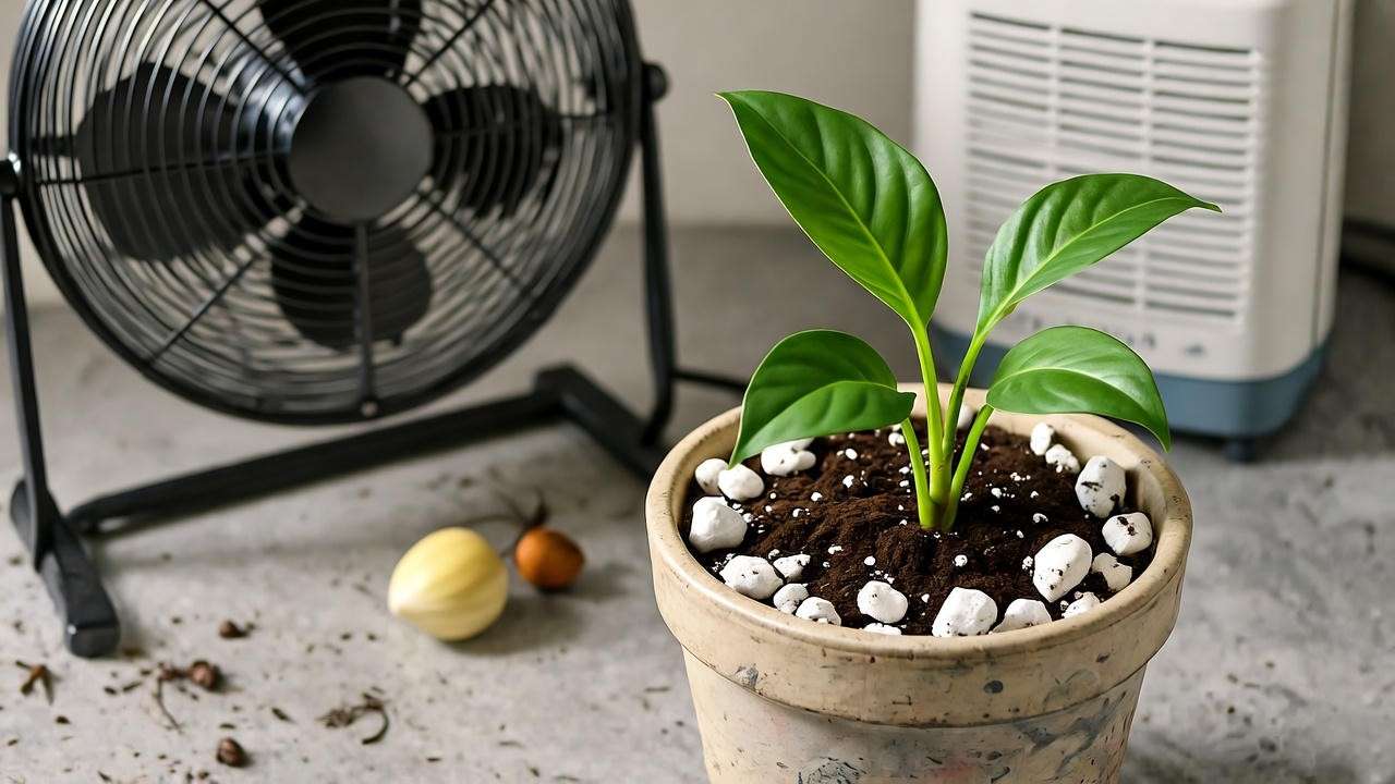 Well-drained potted plant with perlite, fan, and moisture meter for preventing mushroom growth. 