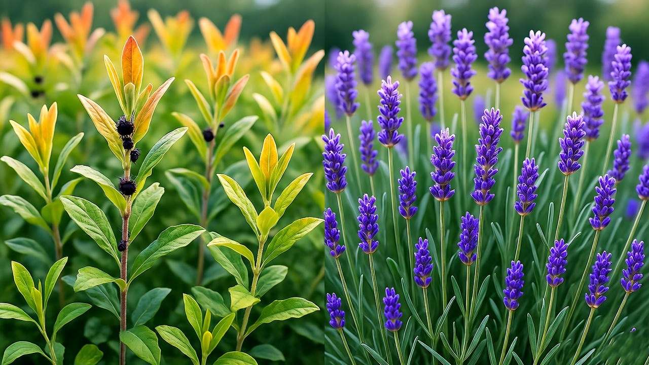 "Lavender hedge with pest damage and beetles next to a healthy section in a garden." 
