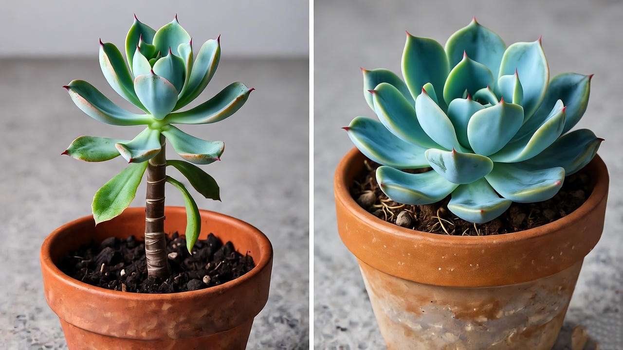 "Before and after recovery of overwatered blue succulent."
