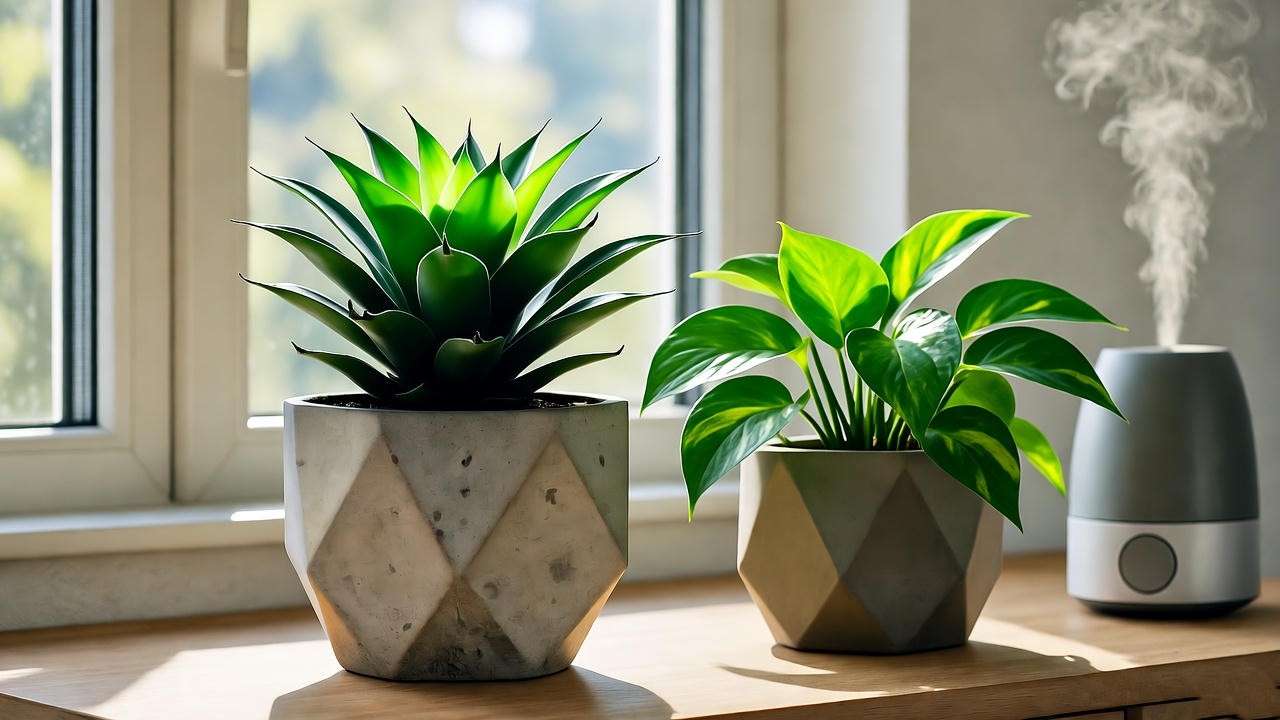 "Stylish desk setup with bird's nest snake plant and pothos in natural light".