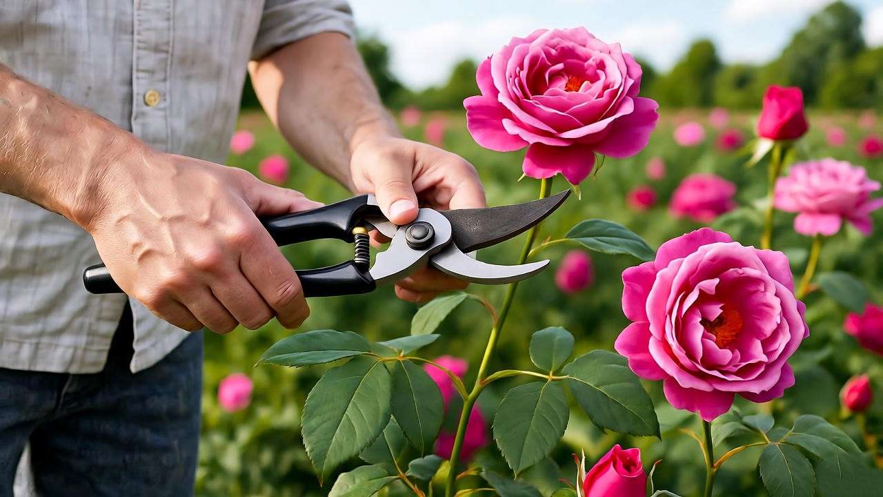 "Gardener pruning Queen Elizabeth rose plant for vibrant blooms and healthy growth."