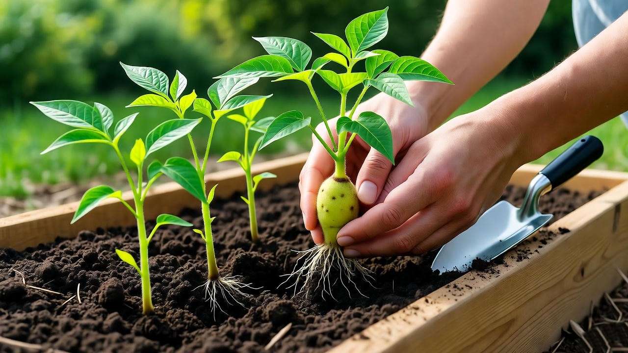 Gardener planting sweet potato slips with vibrant sweet potato plant leaves in a raised garden bed under sunlight. 