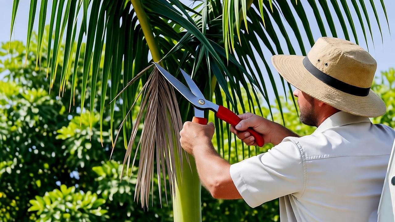 "Professional pruning dead fronds from a healthy king palm tree". 