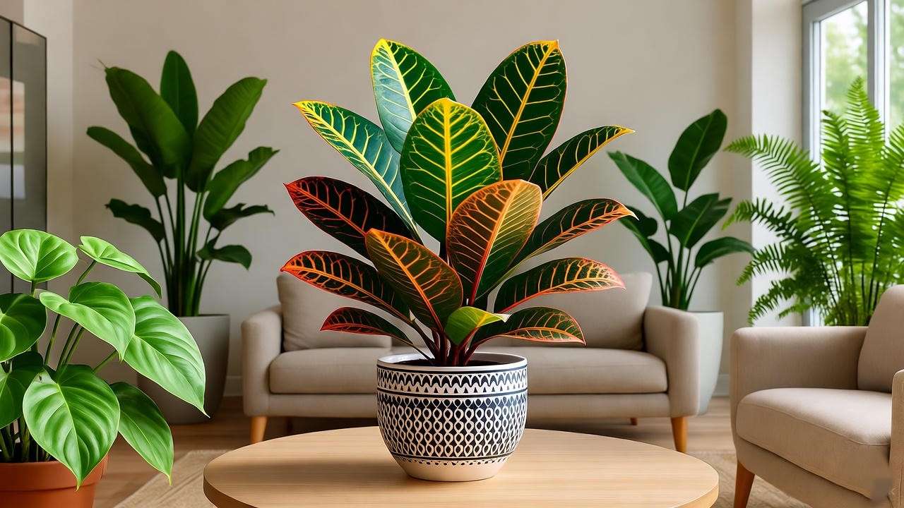 "Banana croton plant as a centerpiece with tropical plants in a modern living room." 