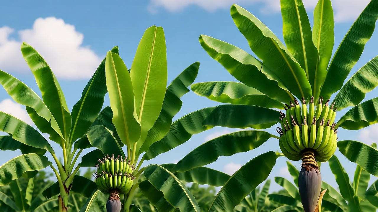 Banana plants in vegetative, flowering, and fruiting stages under a tropical sky."