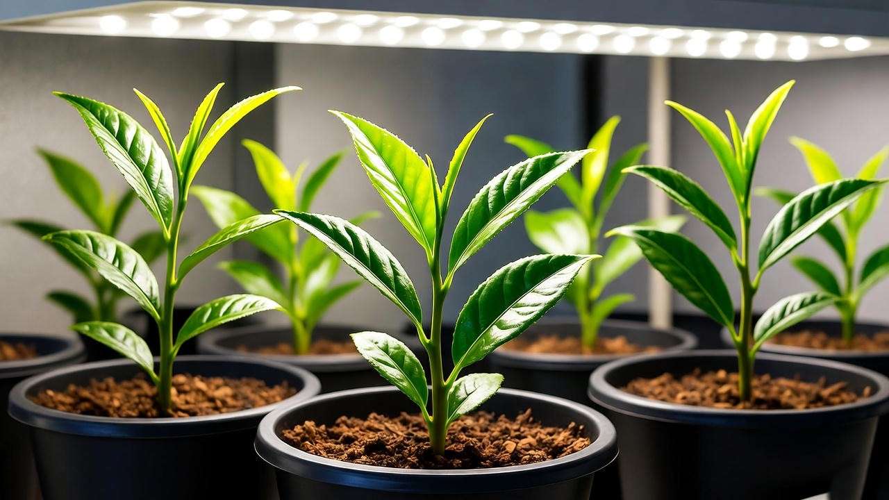 "Indoor tea garden with potted Camellia sinensis seedlings under grow lights." 