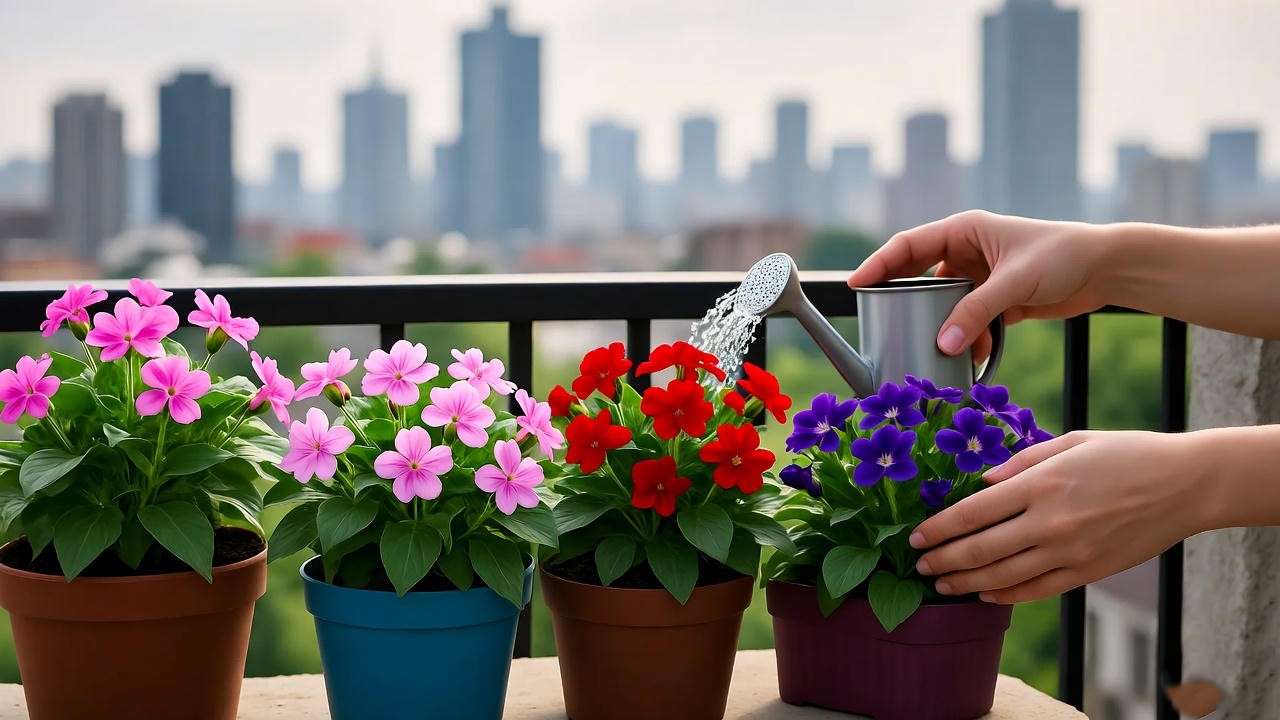 Urban balcony with potted penta plants in colorful containers being watered against a city skyline." 