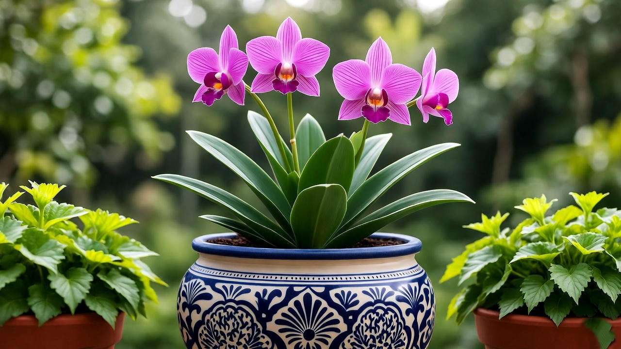 "Decorative pot with thriving ground orchid on a patio in a container garden". 