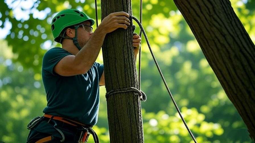 Arborist setting up a Single Rope Technique (SRT) system with a low-stretch tree climbing rope on a tall tree. 