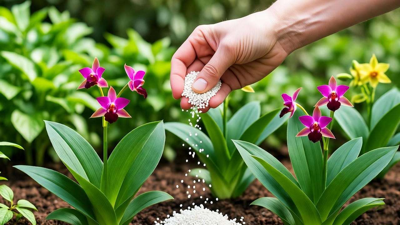 "Gardener applying organic fertilizer to ground orchids in a garden bed". 