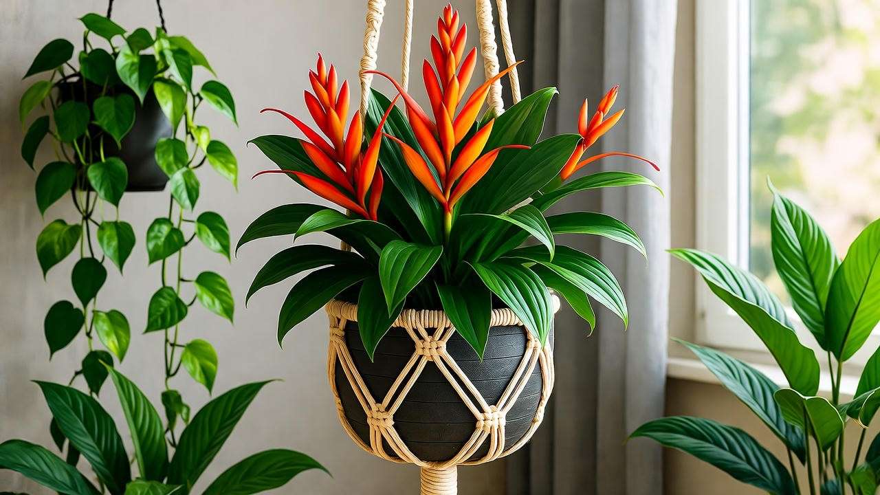  "Black goldfish plant in macramé basket with tropical plants in living room". 