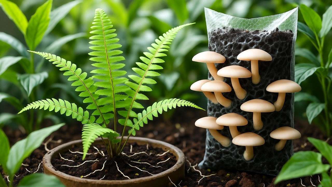  Indoor fern with a vertical bag growing oyster mushrooms and faint mycorrhizal outlines. 