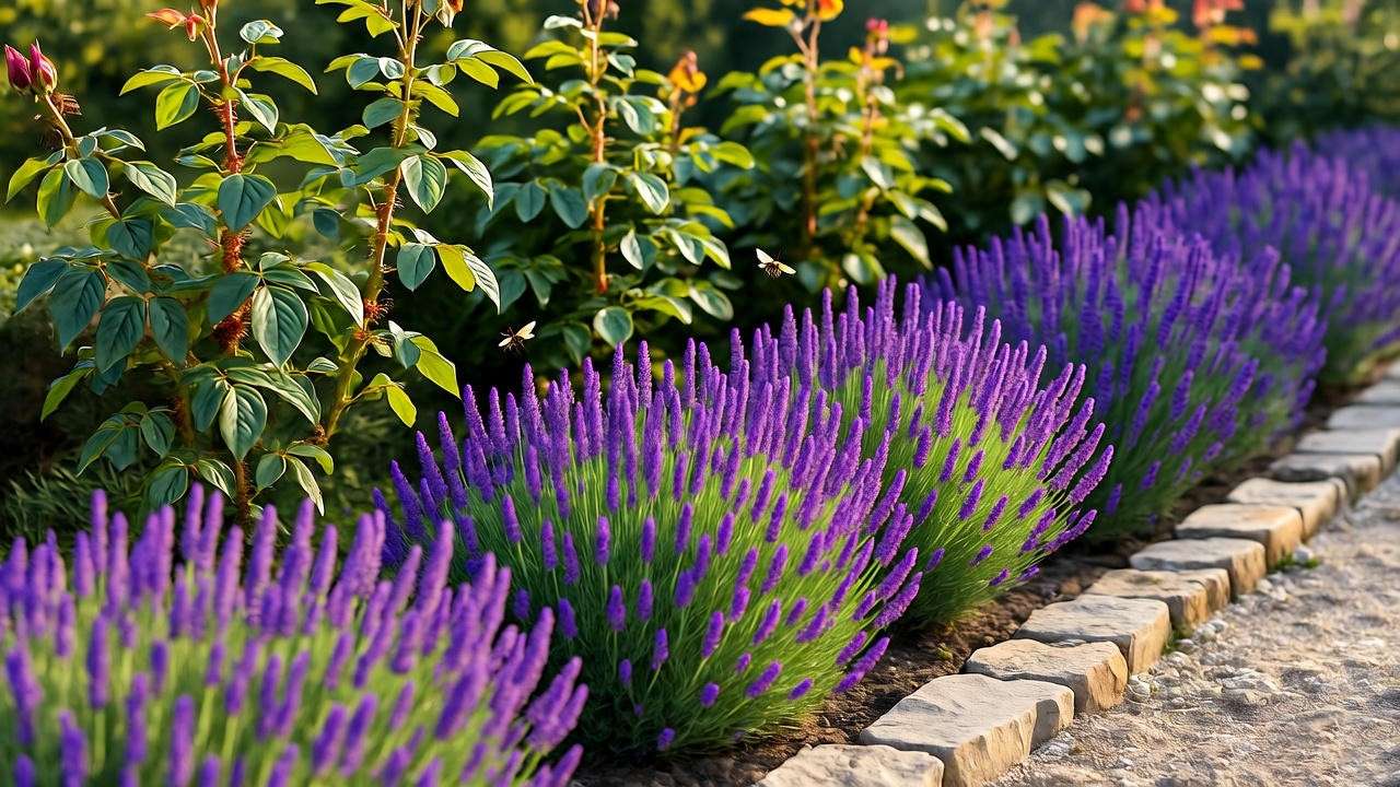 "Lavender hedge border with roses and stone wall in a landscaped garden with bees." 