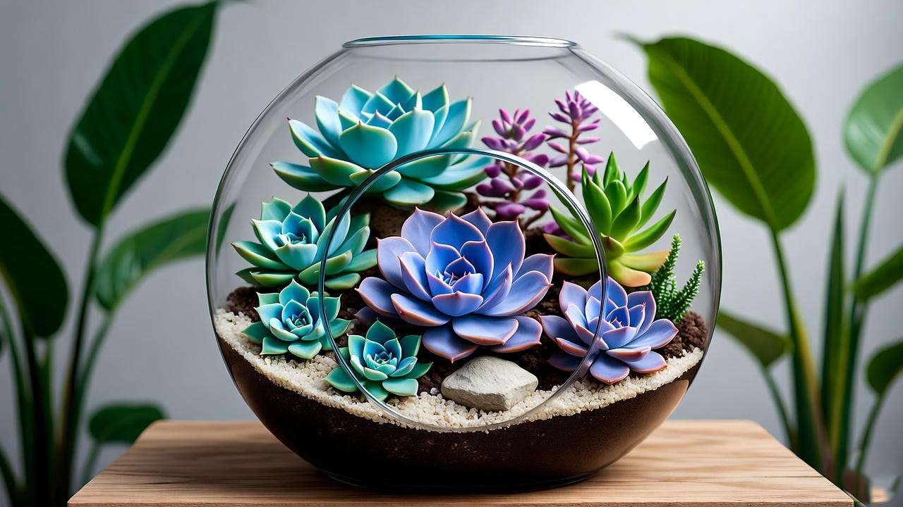 Indoor terrarium with blue succulents and decorative rocks."
