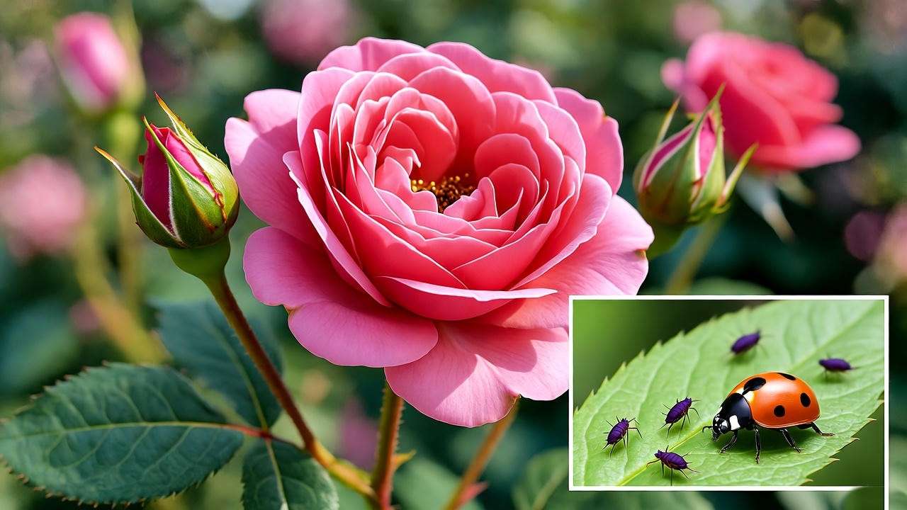 "Healthy Queen Elizabeth rose plant with ladybug controlling aphids in a lush garden."